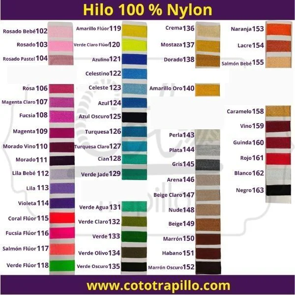 Carta Actual 26 Hilo 100 % Nylon Variedad de Colores Coto Trapillo