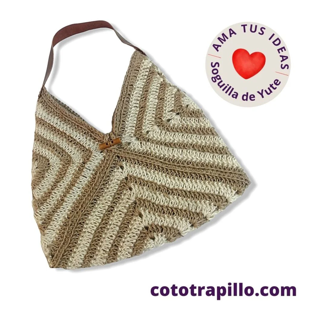 Bolso de Yute 3 granny tejido a mano a crochet con asa de Cuero y botón de Madera