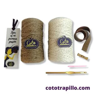 Kit Soguilla de Yute Cuero y Madera para tejer bolso de 1 asa