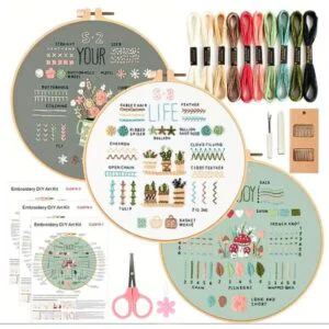 Kit para Bordar a mano 3 labores con bastidor, hilos, tijeras, etc