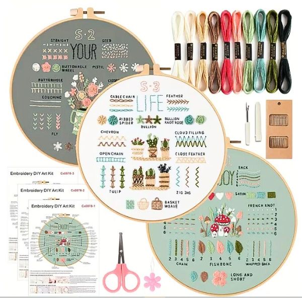 Kit para Bordar a mano 3 labores con bastidor, hilos, tijeras, etc
